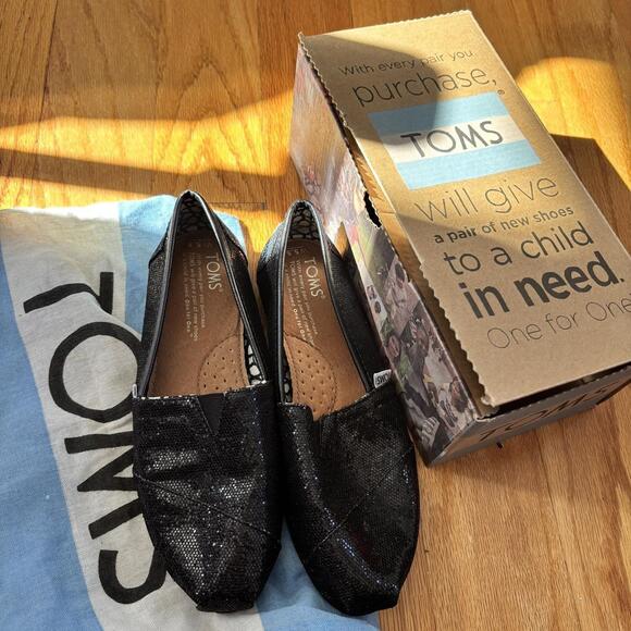Black Sparkly Toms Slip On Shoes - Picture 1 of 4